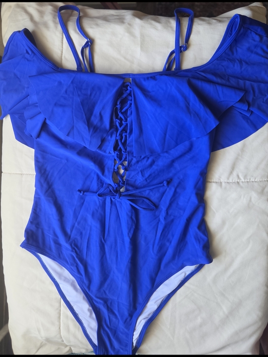 Tempt Me Other - TEMPT ME Royal Blue Ruffle Lace Up One Piece Swimsuit Size L (NWT)